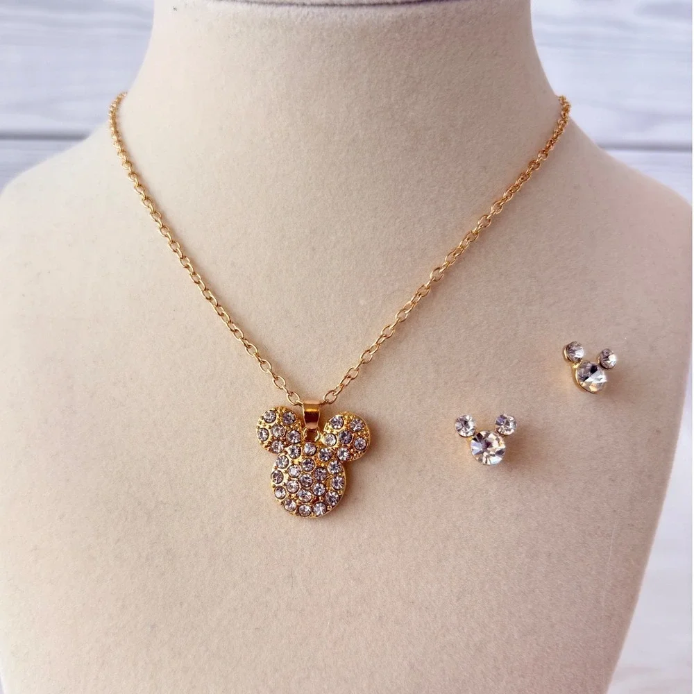 Mickey Mouse Rhinestone Necklace‎ and Earring Set Gold Tone Jewelry
